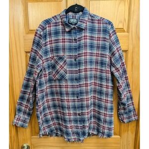 One 24 Rags Women's Large Flannel Shirt Button-Down Front Raggy Sleeve Shirt Hem